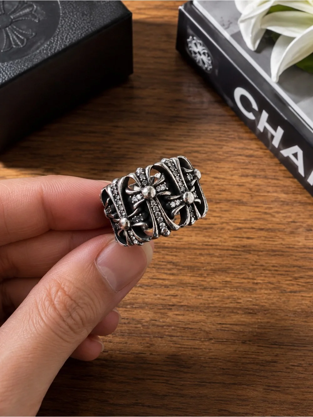 925 sliver Chrome Hearts-style wide floral-cross ring with Moissanite stones